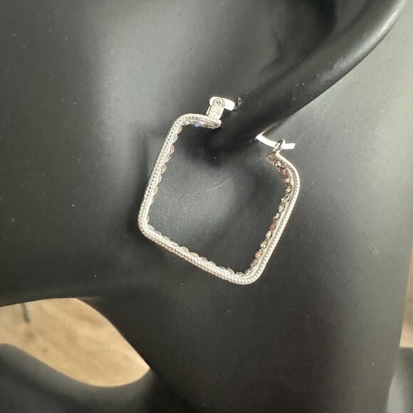 Sterling Silver 925 Square Hoop Earrings With Zircon Accents 3MM - Picture 4 of 9